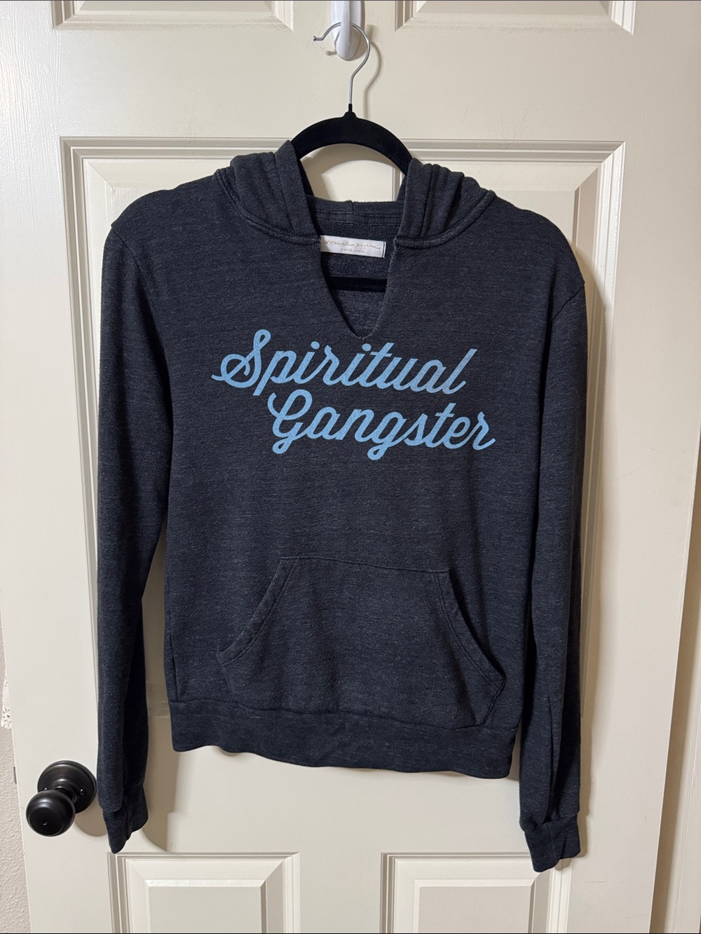 Spiritual Gangster Charcoal Hoodie with Light Blue Script